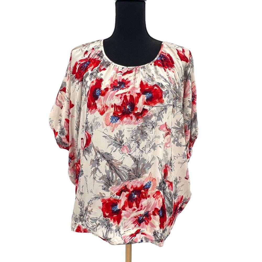 Cabi Womens Gypsy 100% Silk Pink Red Floral Dolman Sleeve Top Shirt Small - Picture 2 of 7